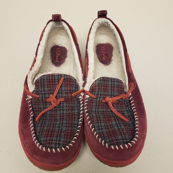 LL Bean Mocassian Loafer Style Slippers Maroon Plaid Sherpa Lined Women's Size 9 - Picture 1 of 9